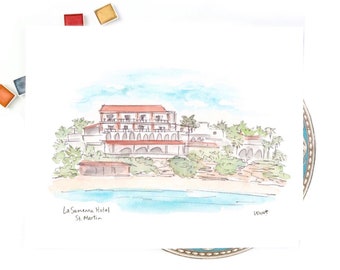 La Samanna Hotel St Martin watercolor illustration print, Archival Quality 8x10 or 11x14