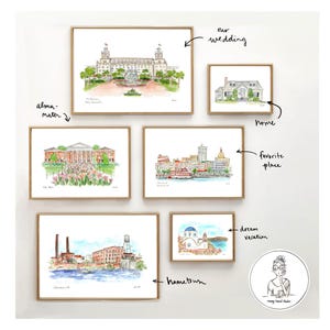 May include: A collection of watercolor illustrations framed in gold, each depicting a different location. The illustrations include a building with a fountain, a cityscape, a church, a house, and a waterfront scene. The text "our wedding", "home", "favorite place", "dream vacation", and "hometown" are written on the wall next to each illustration.
