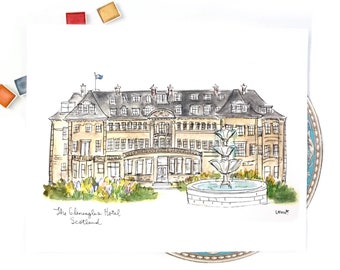 Gleneagles Resort Hotel Golf Resort Scotland luxury resort illustration print 8x10 custom artwork illusrated hotel Scotland getaway keepsake