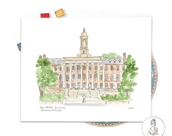 Penn State University Portrait, Old Main Campus Watercolor Gallery, Graduation Gift, 8x10 or 11x14 print