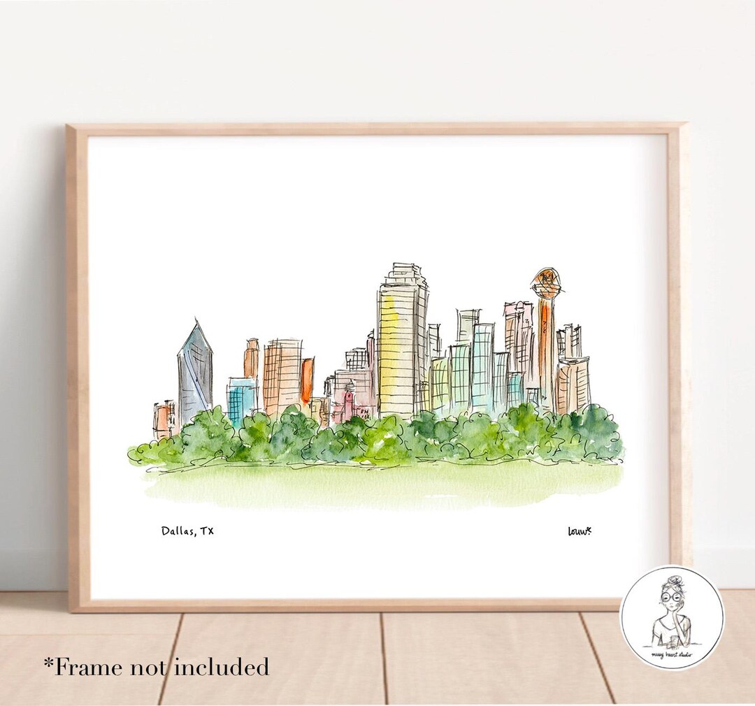 Dallas, TX - Skyline. Watercolor & Ink Illustration, Texas Gallery Wall ...