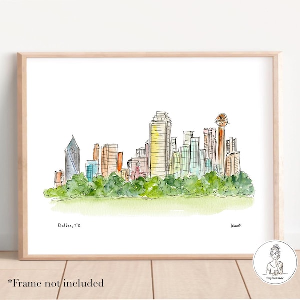 Dallas, Texas - ligne d'horizon. Illustration à l'aquarelle et à l'encre, art mural Texas Gallery, qualité archive, impression 8 x 10, 11 x 14 ou 16 x 20