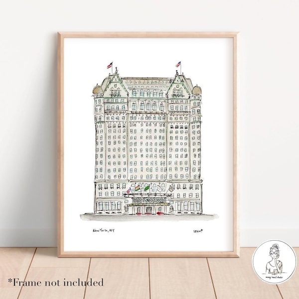 Hotel Plaza, arte en acuarela y tinta de la ciudad de Nueva York, arte para la pared de la galería de Nueva York, impresión de 8x10, 11x14 o 16x20