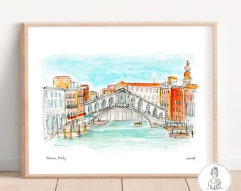 Venice, Italy. Watercolor & Ink Illustration, Gallery Wall Art, Archival Quality, 8x10, 11x14 or 16x20 print