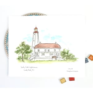 Sandy Hook Lighthouse, Historic lighthouse illustration, watercolor print 8x10