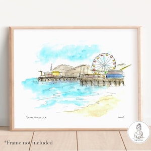 Santa Monica Pier, California Art, Coastal Wall Decor, West Coast Surfing, Cali Summer, Watercolor and Ink, 8x10 or 11x14 print