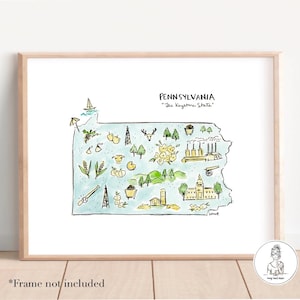 Pennsylvania State Map with Landmark Features. Watercolor and Ink Print.