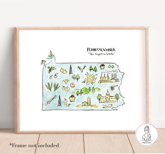 Pennsylvania State Map with Landmark Features, Personalize with your Favorite Town, Moving Gift, 8x10. 11x14 or 16x20 print