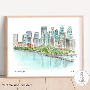 Philadelphia, PA - Skyline. Watercolor and Ink Print