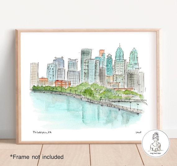 Philadelphia, PA - Skyline. Watercolor and Ink, Gallery Wall Art, Archival Quality, 8x10, 11x14 or 16x20 Print