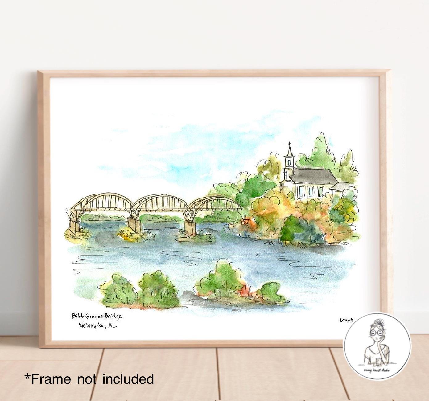 ビブ グレイブス橋、ウェタンプカ、アラバマ州。水彩画とインク