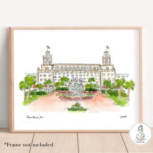 The Breakers Hotel Palm Beach Watercolor and Ink Illustration, Personalized Gallery Wall Art, 8x10, 11x14 or 16x20 print