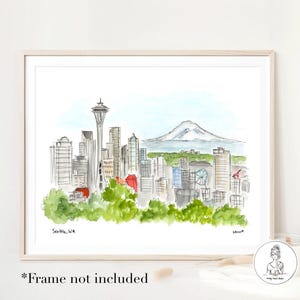 May include: A watercolor painting of the Seattle skyline, featuring the Space Needle, Mount Rainier, and other buildings. The painting is done in a light and airy style, with a soft color palette.