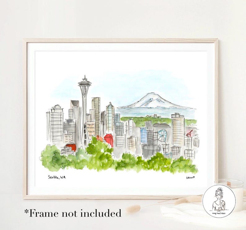 May include: A watercolor painting of the Seattle skyline, featuring the Space Needle, Mount Rainier, and other buildings. The painting is done in a light and airy style, with a soft color palette.