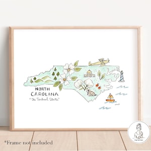 Forma del estado de Carolina del Norte, monumentos, arte mural de galería, acuarela, lápiz de color, calidad de archivo, impresión de 8 x 10, 11 x 14 o 16 x 20