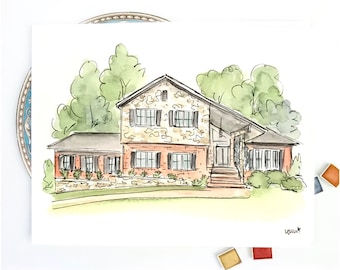 Custom home portrait, House Illustration, Watercolor original artwork, personalized wedding gift, new home, house warming realtor gift
