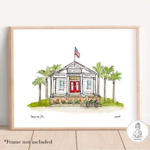 Bureau de poste en bord de mer, 30 A, illustration aquarelle et encre de Floride, art mural galerie personnalisé, impression 8 x 10, 11 x 14 ou 16 x 20