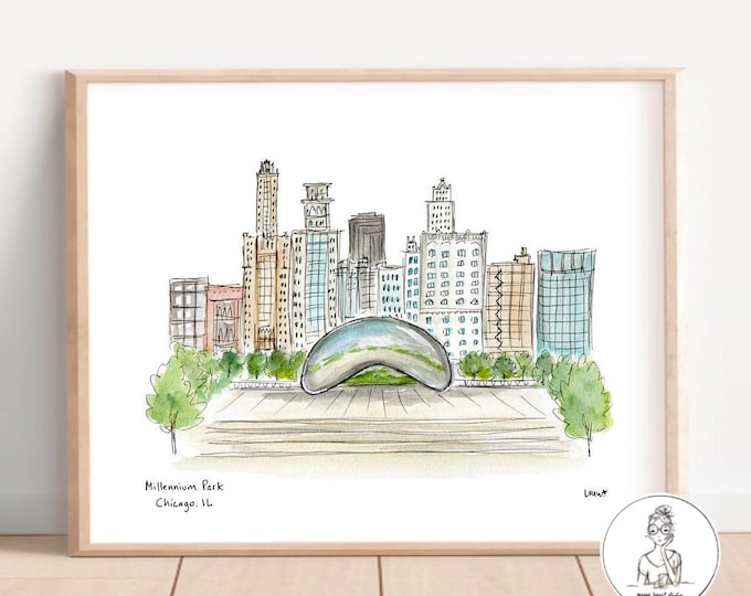 Chicago, IL - Millennium Park. Cloud Gate, Bean, Windy City Skyline, Watercolor & Ink, Wall Art Archival Quality, 8x10, 11x14 or 16x20 print