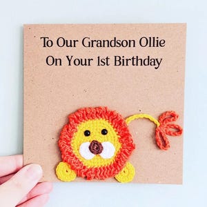 Cartão de aniversário de leão personalizado feito à mão, cartão de crochê, fofo, algodão