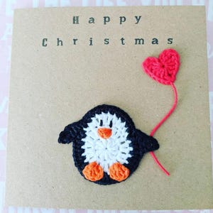Handgemachte personalisierte Weihnachtskarte, Häkelkarte, Pinguin, Baumwolle