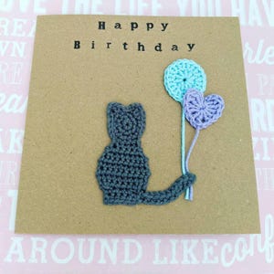 Carte d'anniversaire personnalisée faite main de ballon de chat, carte au crochet, mignonne, coton