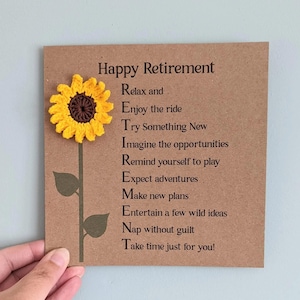 Carte de retraite personnalisée faite main, carte au crochet, tournesol, coton