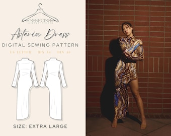 May include: A digital sewing pattern for an Asteria dress, available in US Letter, DIN A4, and DIN A0 sizes. The pattern is for an extra large size dress with a high neck and a long, asymmetrical hemline.