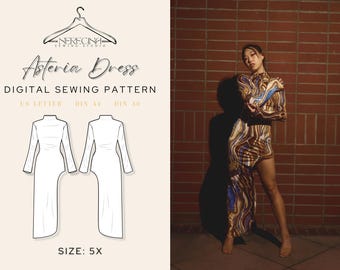 May include: A digital sewing pattern for an Asteria dress, shown in a line drawing of the front and back views. The pattern is available in US Letter, DIN A4, and DIN A0 sizes. The dress is a long, asymmetrical style with a high neckline and long sleeves. The pattern is for size 5X.