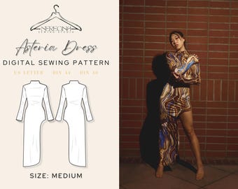 May include: A digital sewing pattern for an Asteria dress, shown in a line drawing of the dress in front and back views. The dress is a long, high-necked dress with a high slit on the left side. The pattern is available in US Letter, DIN A4, and DIN A0 sizes. The size shown is Medium.