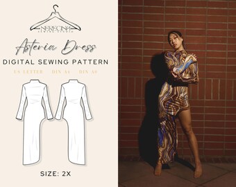 May include: Digital sewing pattern for the Asteria Dress. The design features a mock neck and long sleeves. The image also shows a woman wearing a dress with a brown, blue, and white pattern. The text on the image says "SIZE: 2X".