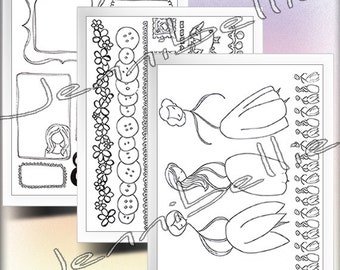 Juego de hojas de collage digital para colorear a mano de Jennibellie: tiras de borde, puntos de diario y figuras para técnicas mixtas y colorear.