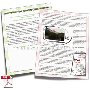 Puede incluir: Un libro de trabajo titulado "How to Ride Your Creative Camel Workbook" con una ilustraci&oacute;n colorida de un camello y una ni&ntilde;a mont&aacute;ndolo. El texto en la p&aacute;gina describe el proceso de montar un camello creativo e incluye una cita de la ni&ntilde;a: "&iexcl;No m&aacute;s caricias para ti!"