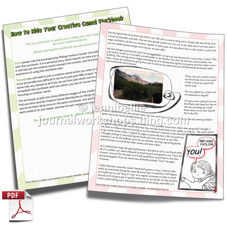 Puede incluir: Un libro de trabajo titulado "How to Ride Your Creative Camel Workbook" con una ilustraci&oacute;n colorida de un camello y una ni&ntilde;a mont&aacute;ndolo. El texto en la p&aacute;gina describe el proceso de montar un camello creativo e incluye una cita de la ni&ntilde;a: "&iexcl;No m&aacute;s caricias para ti!"