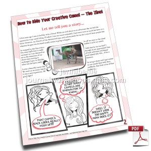 Puede incluir: Una p&aacute;gina de c&oacute;mic con una ilustraci&oacute;n de dibujos animados de un camello. El texto en la p&aacute;gina dice "How to Ride Your Creative Camel - The Zine!" y "Friendly is not what camels are known for ya' know."