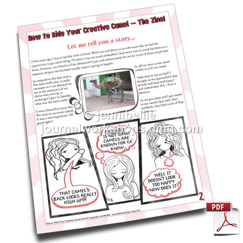 Puede incluir: Una p&aacute;gina de c&oacute;mic con una ilustraci&oacute;n de dibujos animados de un camello. El texto en la p&aacute;gina dice "How to Ride Your Creative Camel - The Zine!" y "Friendly is not what camels are known for ya' know."