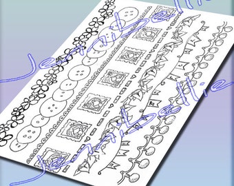 Coloración dibujada a mano en tiras fronterizas por Jennibellie - Hoja de collage digital para diarios basura, diarios de arte, medios mixtos y colorear