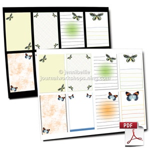May include: A set of printable journal pages featuring butterflies and lined paper. The pages are in a variety of colors and patterns, including green, yellow, and orange. The text "journalworkshops.ning.com" is included on the page.