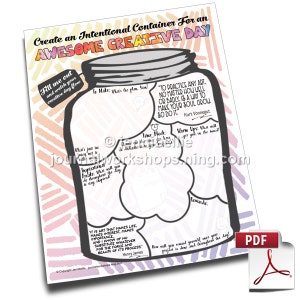 Puede incluir: Una hoja de trabajo imprimible con una ilustraci&oacute;n de un frasco, titulada "Crea un contenedor intencional para un d&iacute;a creativo incre&iacute;ble". La hoja de trabajo incluye secciones para "Para hacer", "Bloque de tiempo", "Calentamientos", "Inspiraci&oacute;n", "Recompensas" y "&iquest;C&oacute;mo te recompensar&aacute;s una vez que tu proyecto est&eacute; terminado y durante todo el d&iacute;a?".