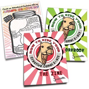 Puede incluir: Tres gu&iacute;as imprimibles coloridas con una ilustraci&oacute;n de camello y el texto "How to Ride Your Creative Camel E-Kit" y "How to Ride Your Camel E-Kit Workbook".