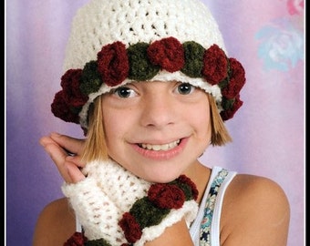 218 PDF Fluffy Roses Beanie and Fingerless Gloves Infants to Adult Sizes Crochet Pattern Instructional Video Included