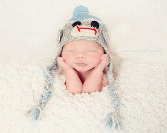 Boy Sock Monkey Earflap Hat Crochet Pattern Size Infants to Adults  and matching booties for babies onlyPDF 410