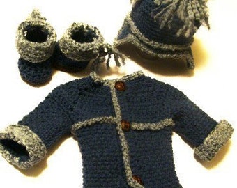 Denim look Sweater, Hat and Booties 0-6months PDF Crochet Pattern 233