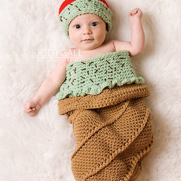 Mint Chocolate Chip Ice Cream Cone Cocoon and Hat Crochet Pattern PDF557