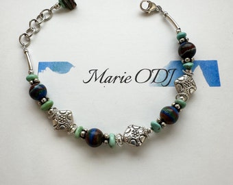 Rare Castle Dome Turquoise (AZ), Rare Rainbow Calsilica, and sterling bracelet.  Free shipping to USA locations