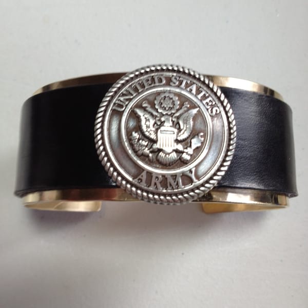 Made To Fit You Silver US Army Navy or Air Force  Concho Leather and Brass Cuff Bracelet. Free shipping to US locations.