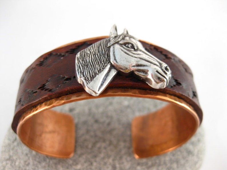 Made to fit you Horse Head Concho Leather and Hammered Copper Cuff. Free shipping to US locations image 1