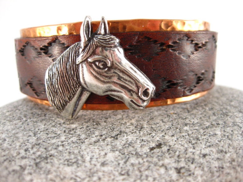 Made to fit you Horse Head Concho Leather and Hammered Copper Cuff. Free shipping to US locations image 3