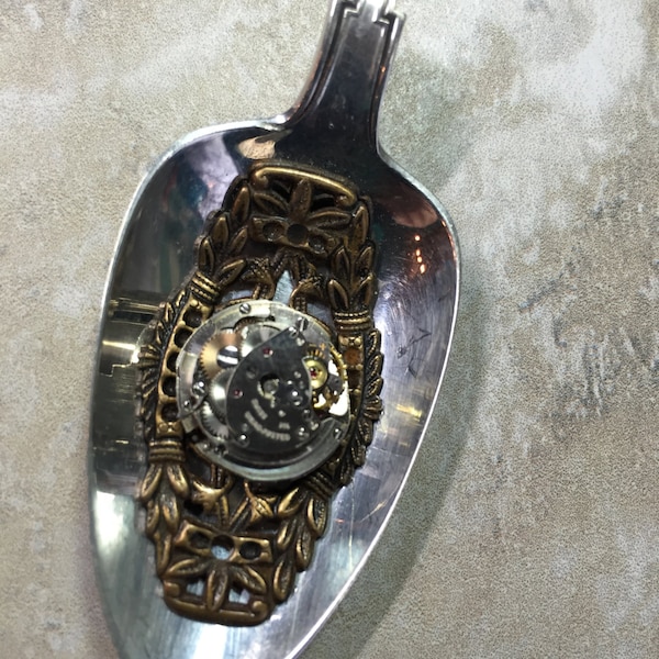 Sterling silver vintage spoon pendant with jewel movement watch face. Steam punk!  Free shipping to US locations.