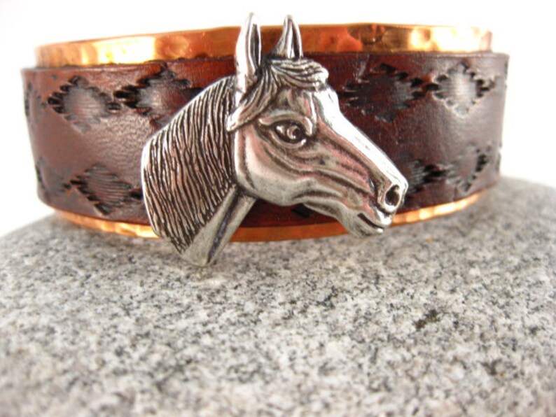 Made to fit you Horse Head Concho Leather and Hammered Copper Cuff. Free shipping to US locations image 2