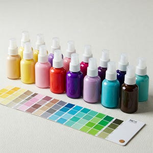Op de afbeelding: Een rij van 15 kleine spuitflessen gevuld met verschillende gekleurde verf. De flessen zijn gerangschikt in een regenboogpatroon, met kleuren die variëren van geel tot bruin. Een kleurenkaart met een verscheidenheid aan tinten bevindt zich op de voorgrond.